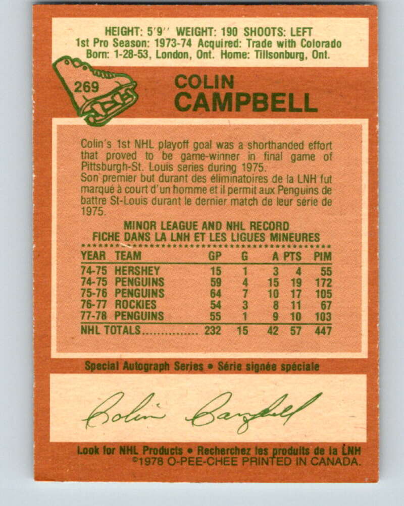 1978-79 O-Pee-Chee #269 Colin Campbell Pittsburgh Penguins V24666