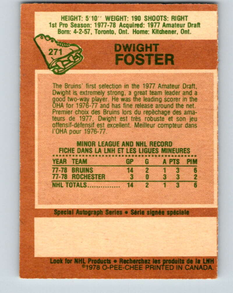 1978-79 O-Pee-Chee #271 Dwight Foster RC Rookie Boston Bruins V24672