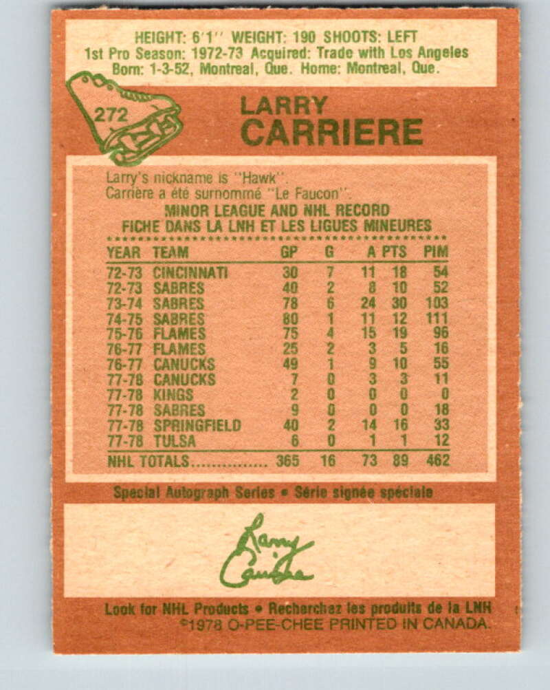 1978-79 O-Pee-Chee #272 Larry Carriere Buffalo Sabres V24689