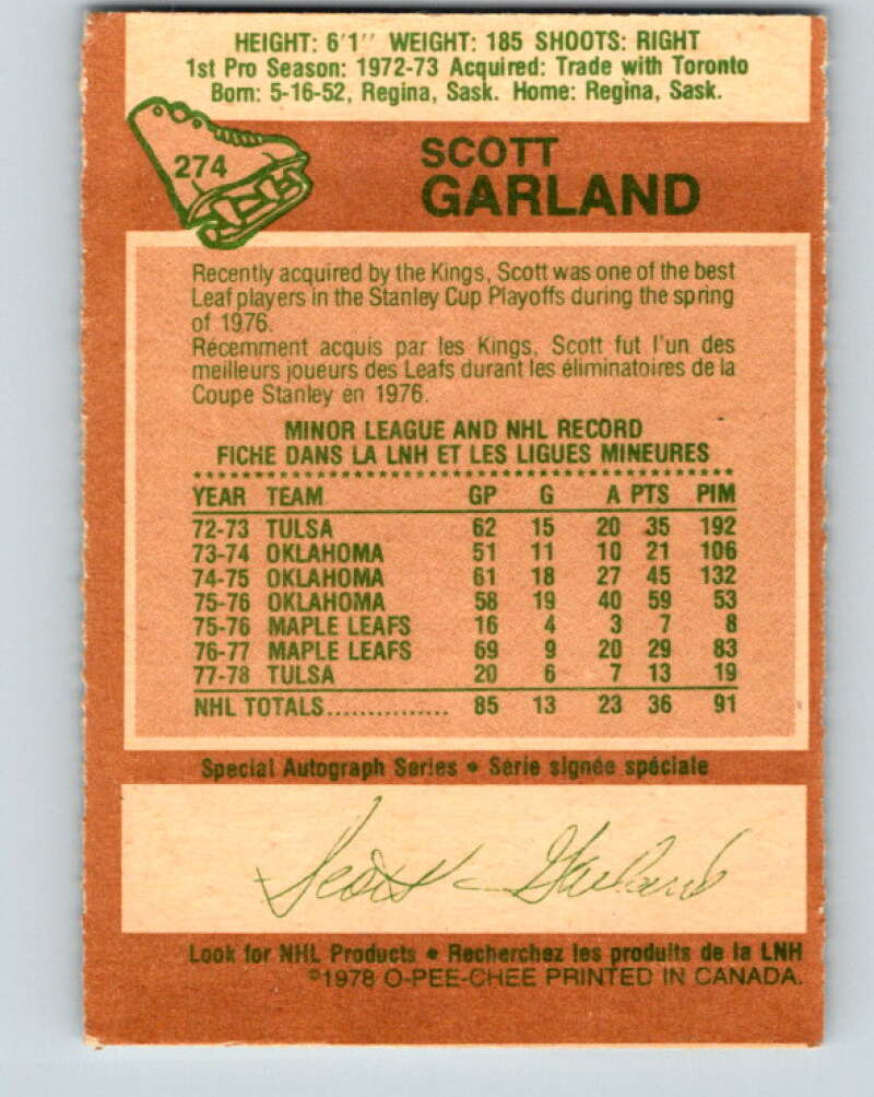 1978-79 O-Pee-Chee #274 Scott Garland Los Angeles Kings V24722