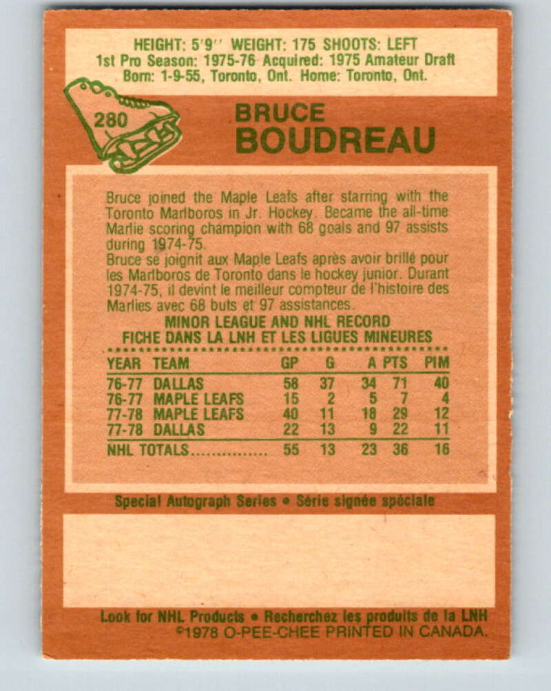 1978-79 O-Pee-Chee #280 Bruce Boudreau RC Rookie Maple Leafs V24803