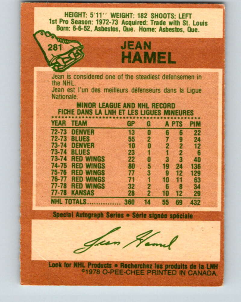 1978-79 O-Pee-Chee #281 Jean Hamel Detroit Red Wings V24812