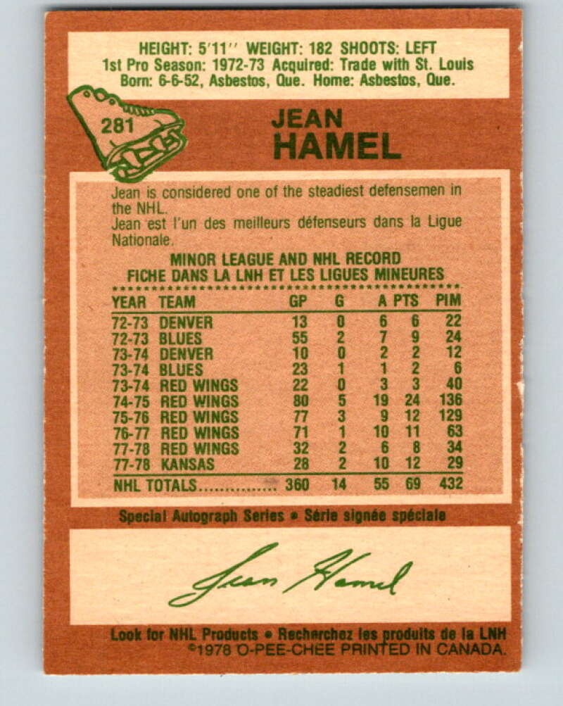 1978-79 O-Pee-Chee #281 Jean Hamel Detroit Red Wings V24821
