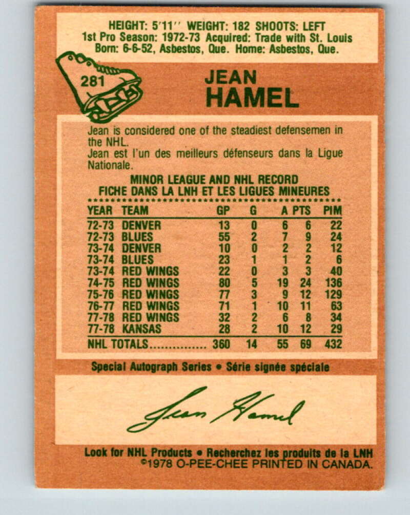 1978-79 O-Pee-Chee #281 Jean Hamel Detroit Red Wings V24824