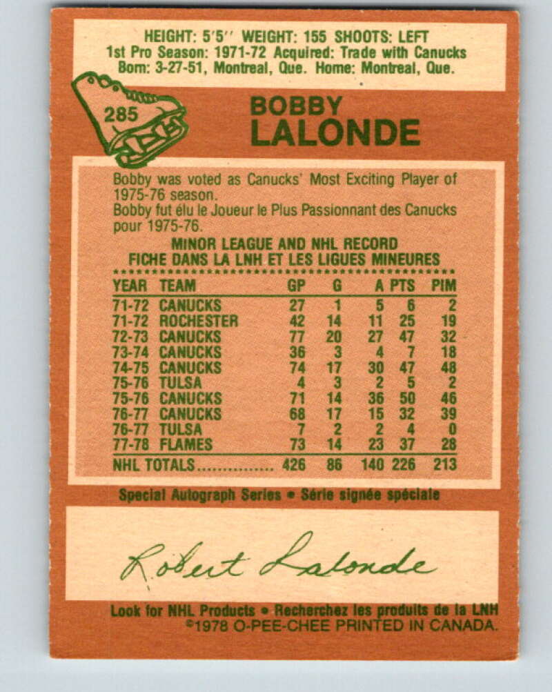 1978-79 O-Pee-Chee #285 Bobby Lalonde Atlanta Flames V24874