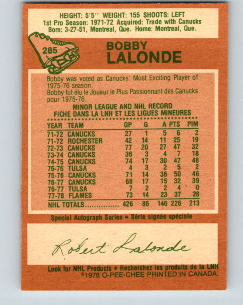 1978-79 O-Pee-Chee #285 Bobby Lalonde Atlanta Flames V24876