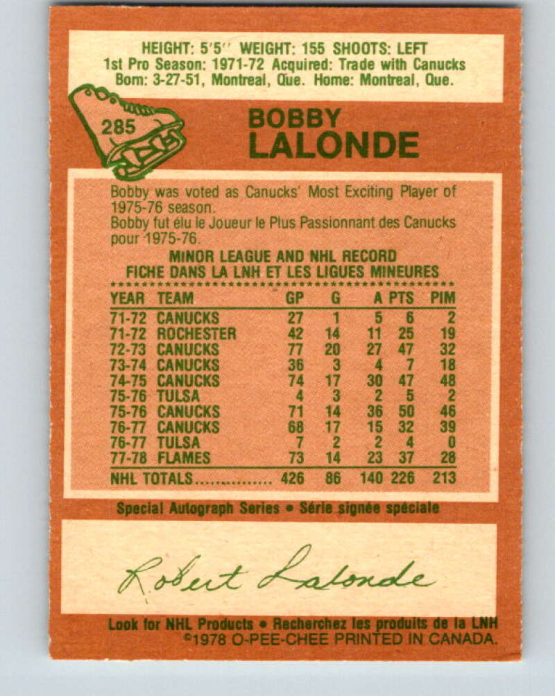 1978-79 O-Pee-Chee #285 Bobby Lalonde Atlanta Flames V24877