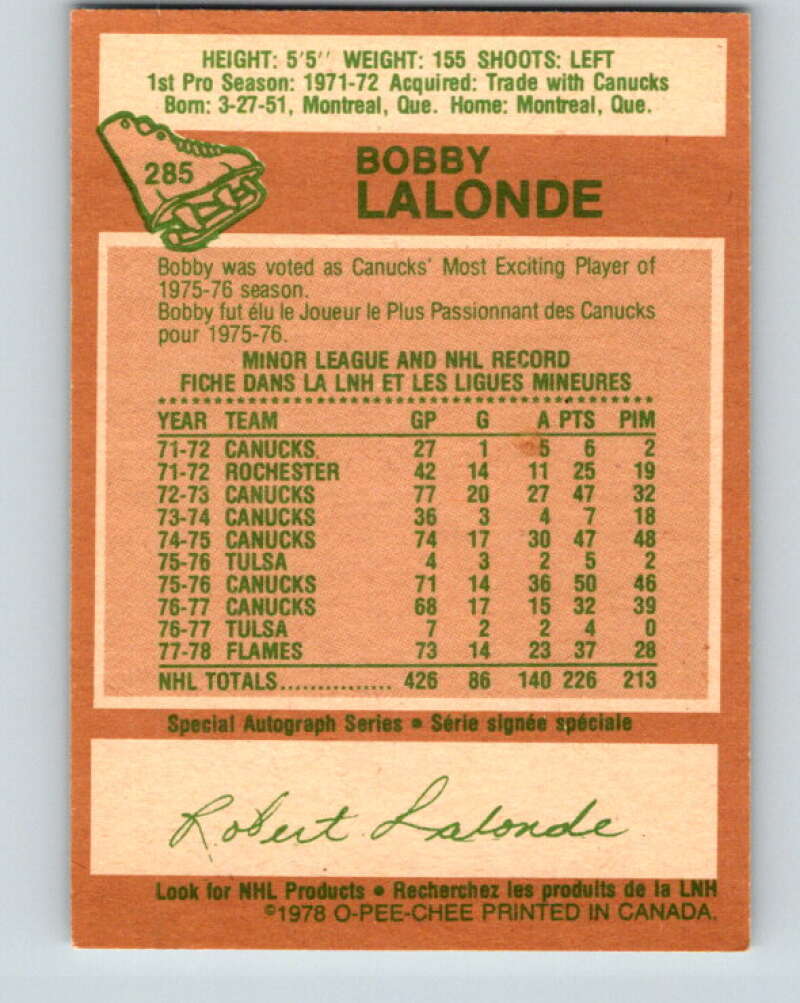 1978-79 O-Pee-Chee #285 Bobby Lalonde Atlanta Flames V24878