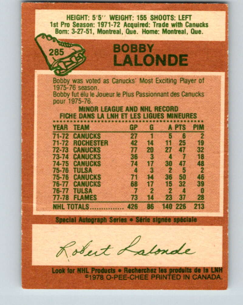 1978-79 O-Pee-Chee #285 Bobby Lalonde Atlanta Flames V24879
