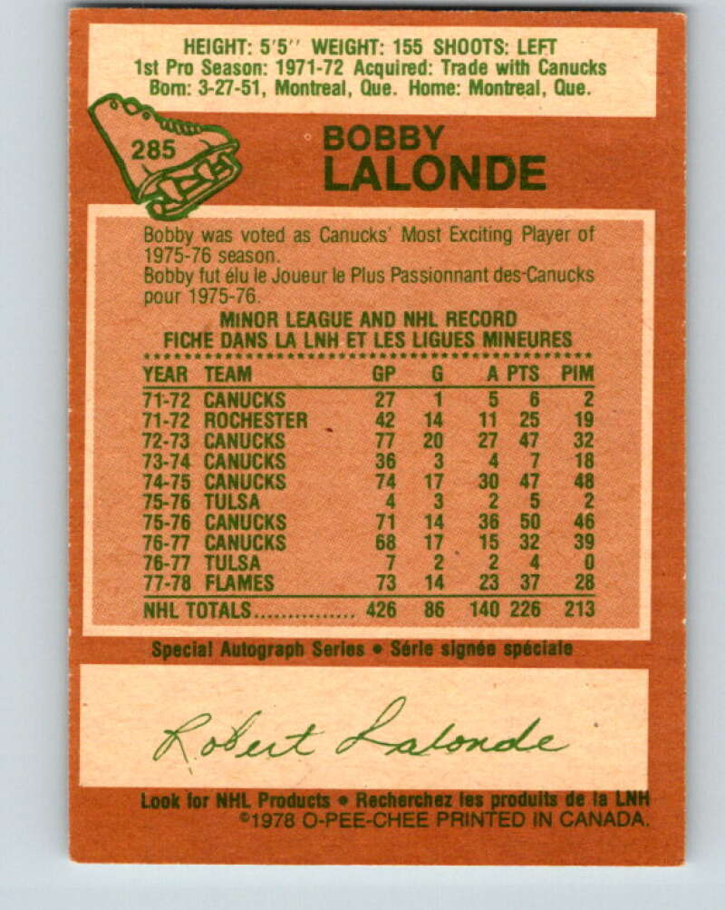 1978-79 O-Pee-Chee #285 Bobby Lalonde Atlanta Flames V24880