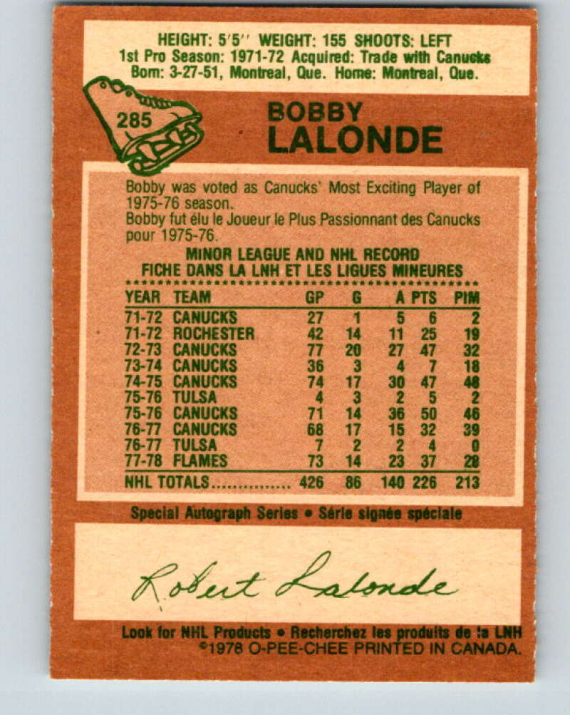 1978-79 O-Pee-Chee #285 Bobby Lalonde Atlanta Flames V24882