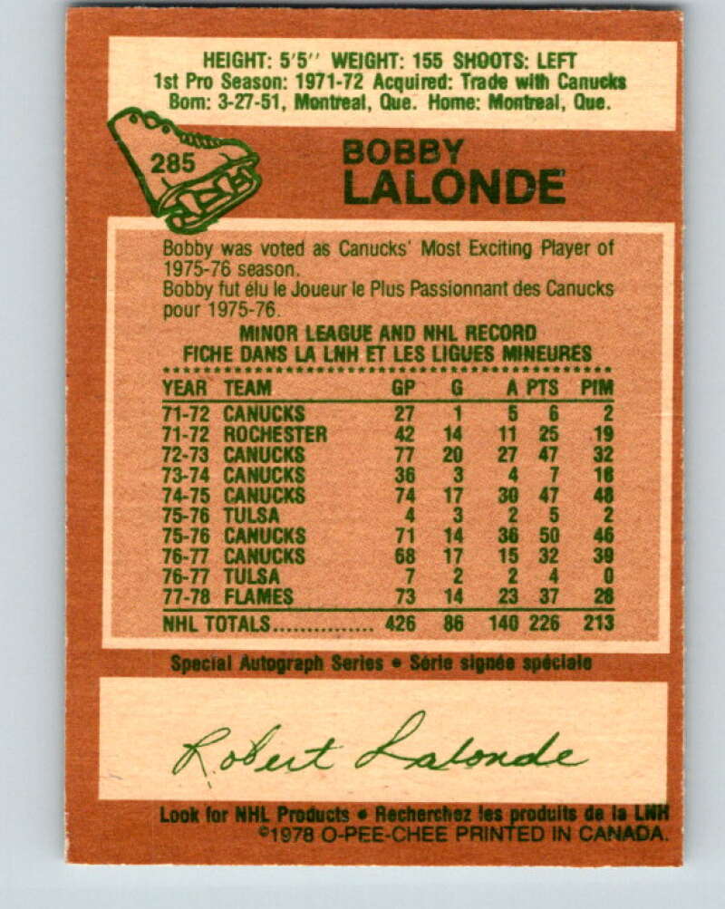 1978-79 O-Pee-Chee #285 Bobby Lalonde Atlanta Flames V24883
