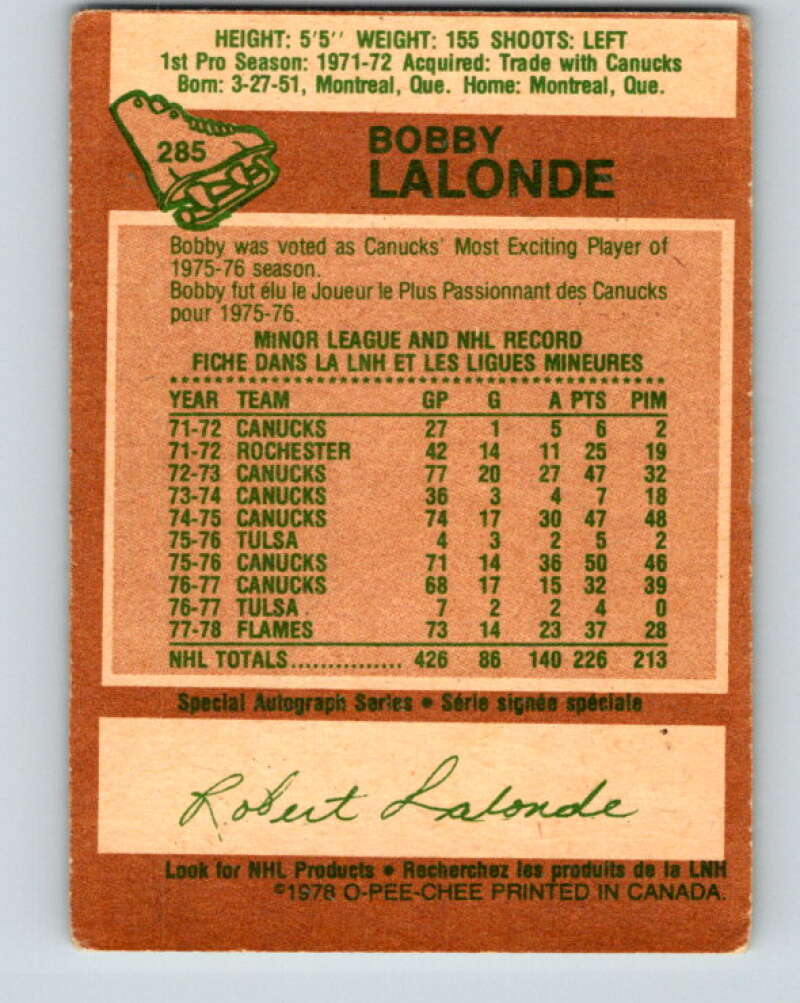 1978-79 O-Pee-Chee #285 Bobby Lalonde Atlanta Flames V24887