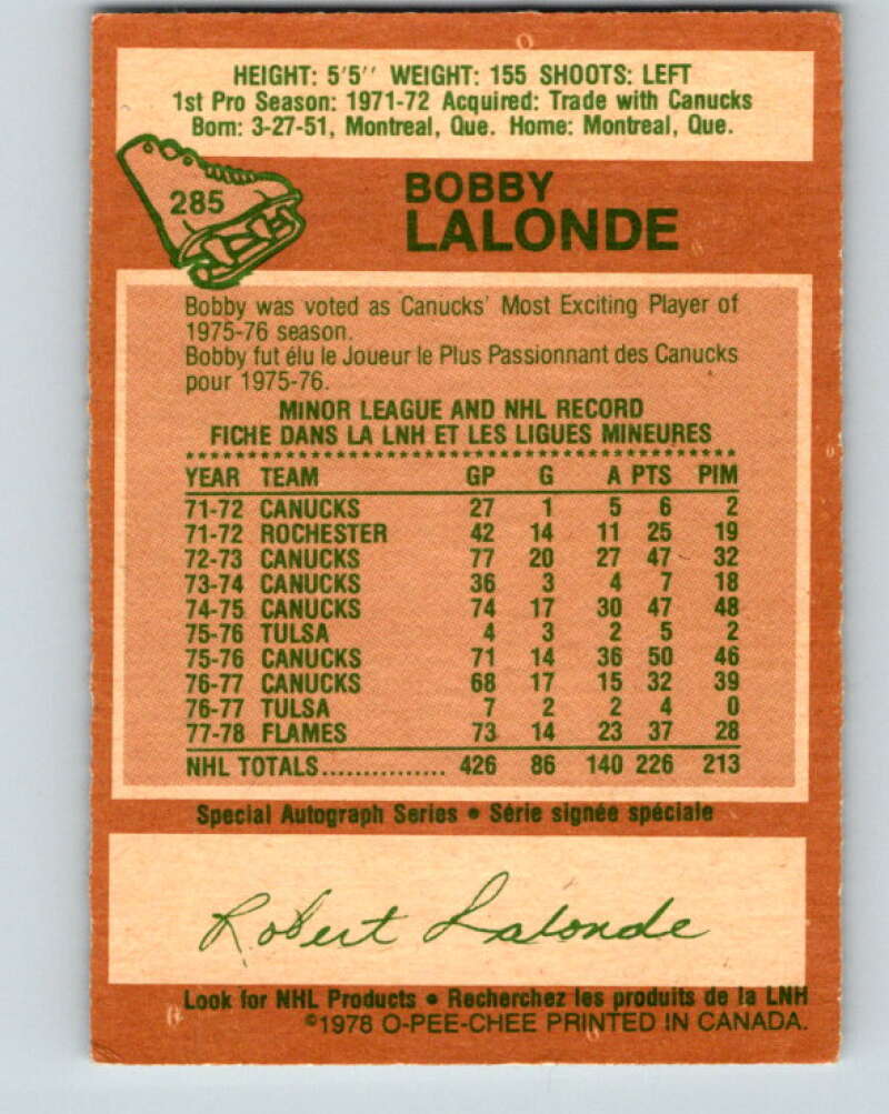 1978-79 O-Pee-Chee #285 Bobby Lalonde Atlanta Flames V24888