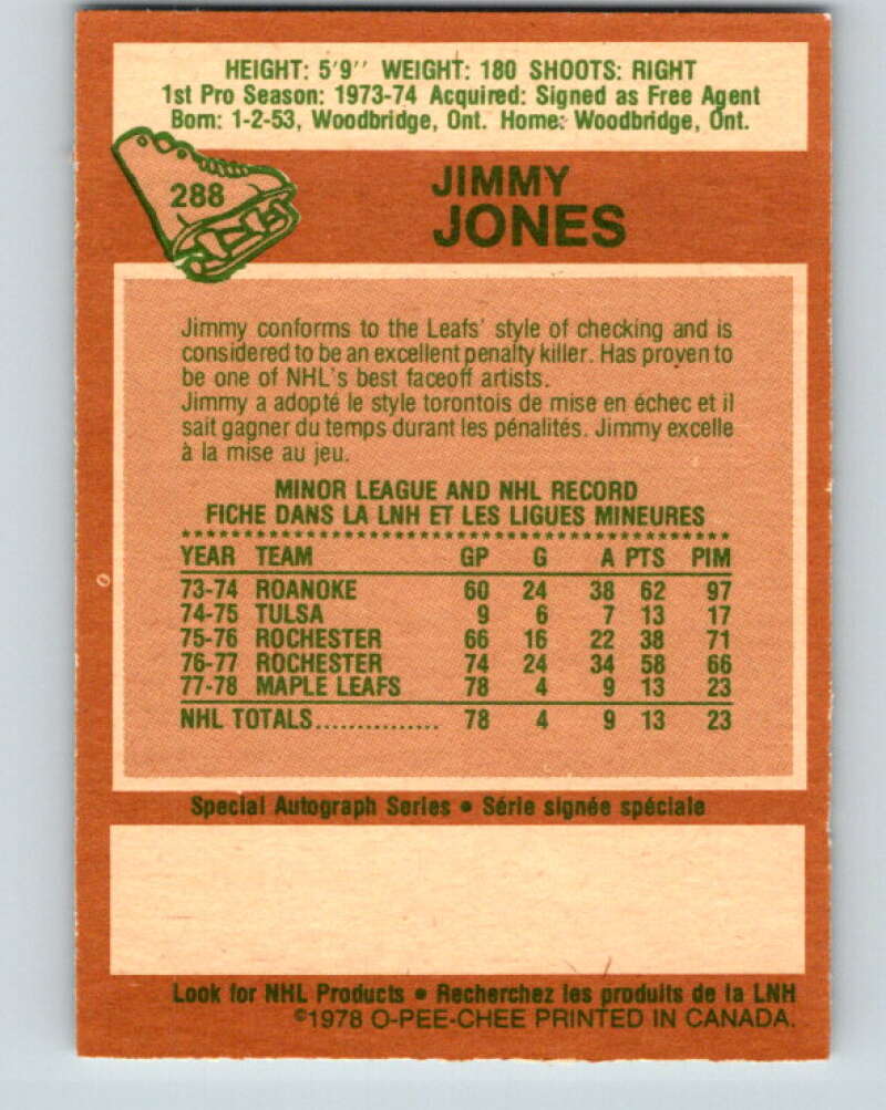 1978-79 O-Pee-Chee #288 Jimmy Jones RC Rookie Maple Leafs V24918