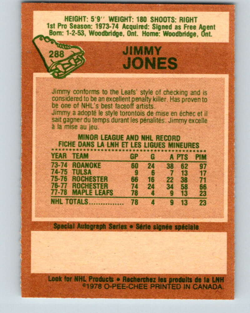 1978-79 O-Pee-Chee #288 Jimmy Jones RC Rookie Maple Leafs V24925