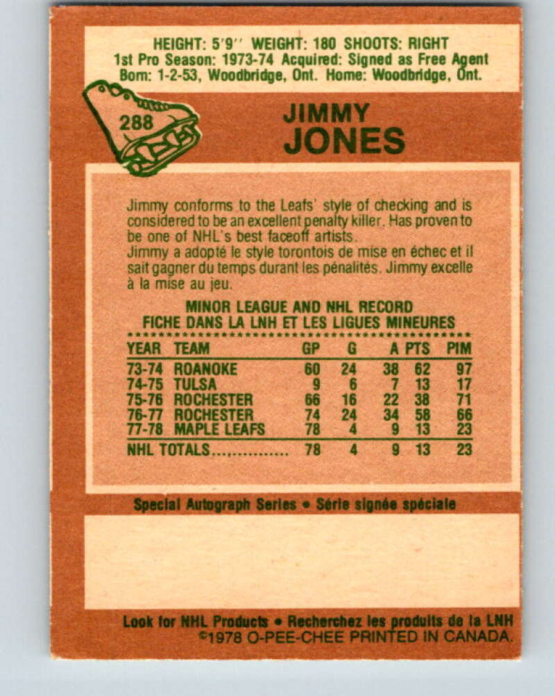 1978-79 O-Pee-Chee #288 Jimmy Jones RC Rookie Maple Leafs V24931