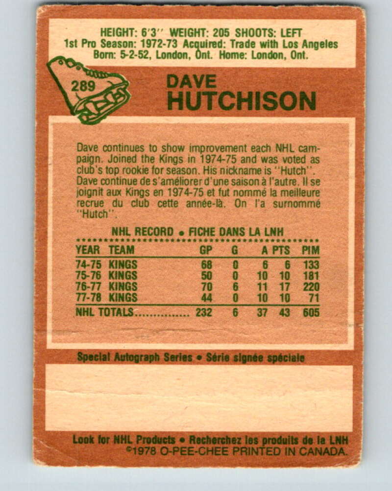 1978-79 O-Pee-Chee #289 Dave Hutchison Toronto Maple Leafs V24940
