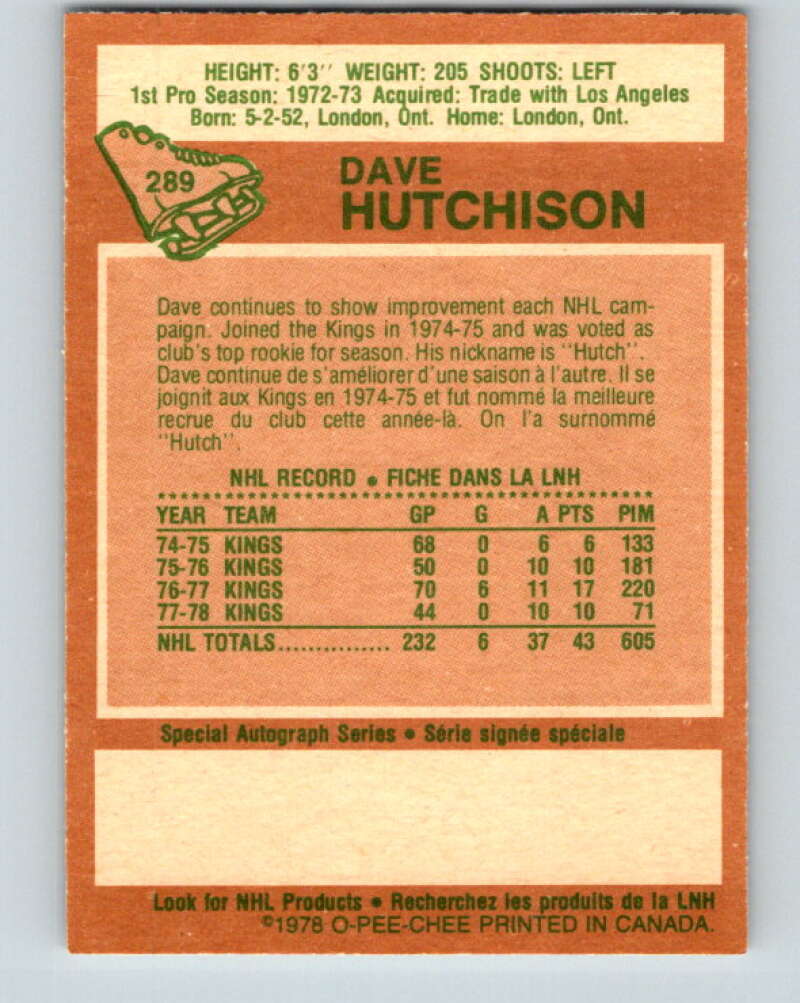 1978-79 O-Pee-Chee #289 Dave Hutchison Toronto Maple Leafs V24941
