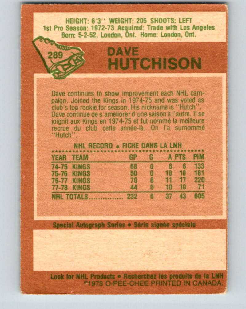 1978-79 O-Pee-Chee #289 Dave Hutchison Toronto Maple Leafs V24943