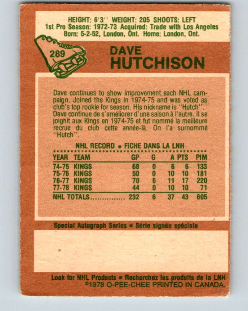 1978-79 O-Pee-Chee #289 Dave Hutchison Toronto Maple Leafs V24944