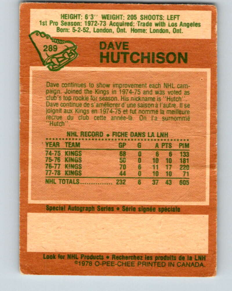1978-79 O-Pee-Chee #289 Dave Hutchison Toronto Maple Leafs V24945