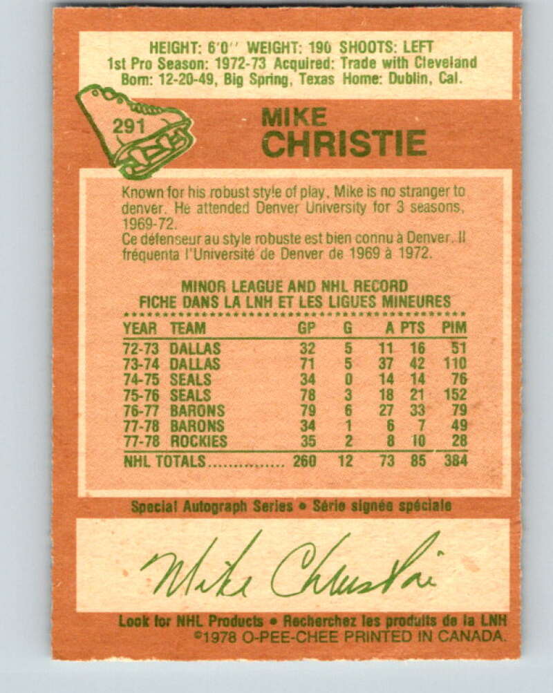 1978-79 O-Pee-Chee #291 Mike Christie Colorado Rockies V24961