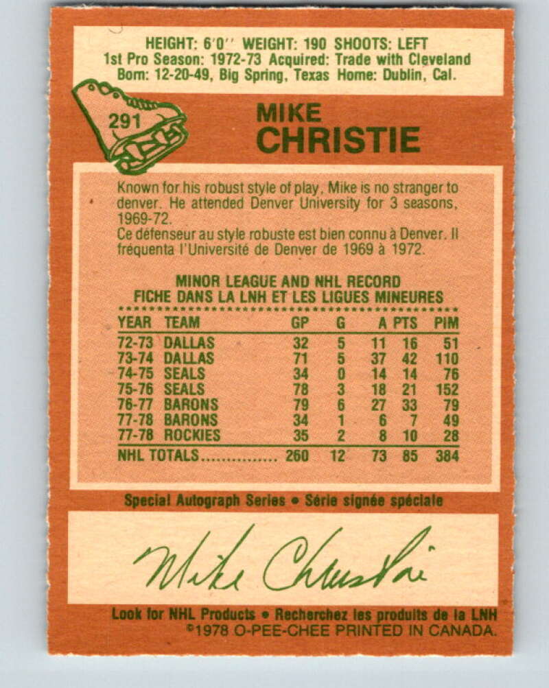 1978-79 O-Pee-Chee #291 Mike Christie Colorado Rockies V24964