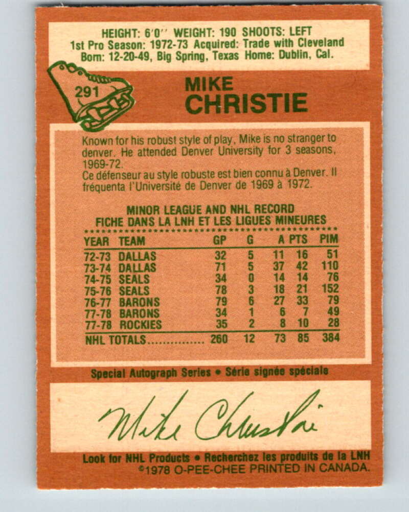1978-79 O-Pee-Chee #291 Mike Christie Colorado Rockies V24965