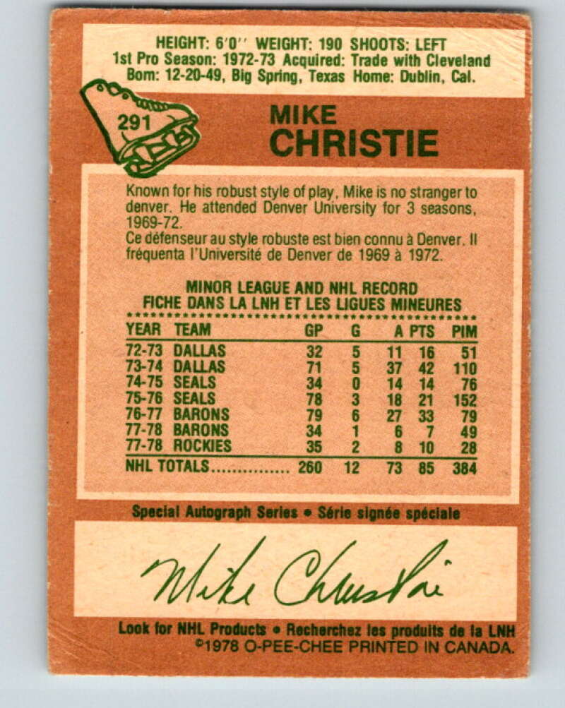 1978-79 O-Pee-Chee #291 Mike Christie Colorado Rockies V24969