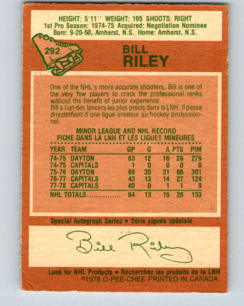 1978-79 O-Pee-Chee #292 Bill Riley Washington Capitals V24976
