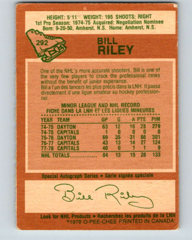 1978-79 O-Pee-Chee #292 Bill Riley Washington Capitals V24984