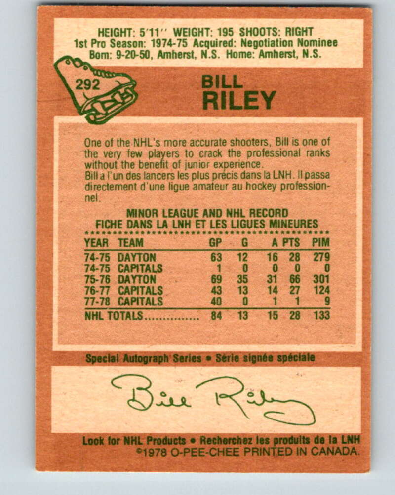 1978-79 O-Pee-Chee #292 Bill Riley Washington Capitals V24988