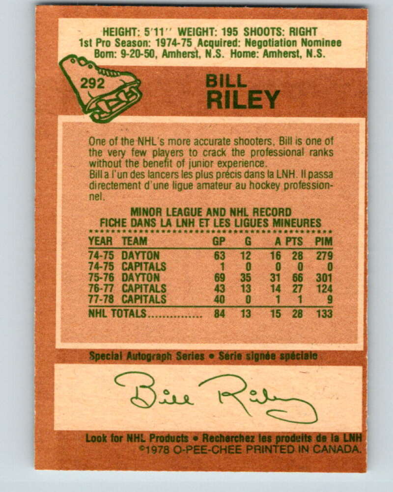 1978-79 O-Pee-Chee #292 Bill Riley Washington Capitals V24989