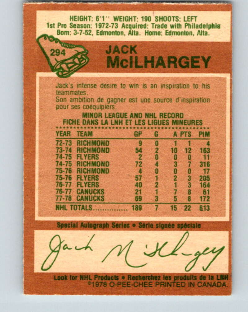 1978-79 O-Pee-Chee #294 Jack McIlhargey RC Rookie Canucks V25003