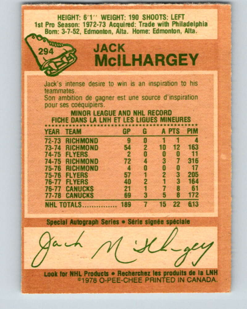 1978-79 O-Pee-Chee #294 Jack McIlhargey RC Rookie Canucks V25005
