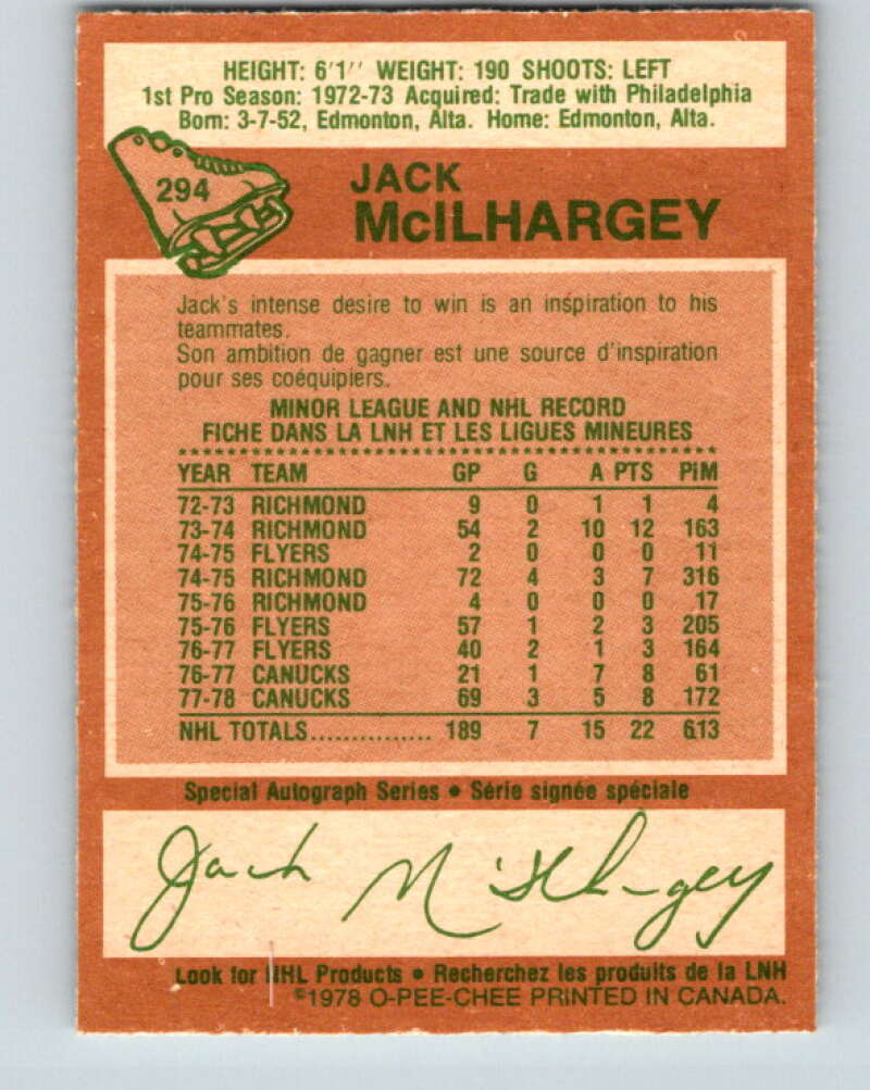 1978-79 O-Pee-Chee #294 Jack McIlhargey RC Rookie Canucks V25006