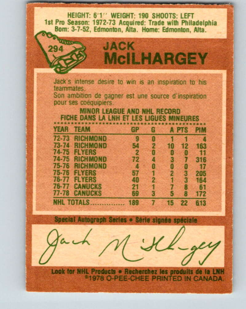 1978-79 O-Pee-Chee #294 Jack McIlhargey RC Rookie Canucks V25007