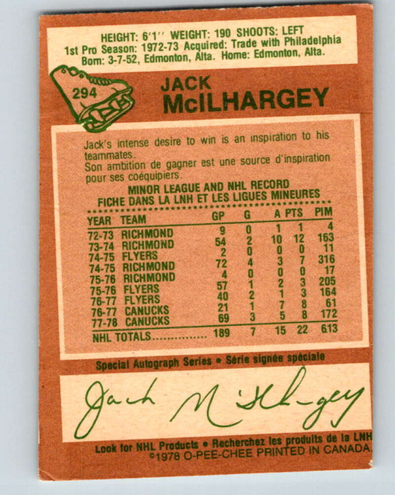 1978-79 O-Pee-Chee #294 Jack McIlhargey RC Rookie Canucks V25009