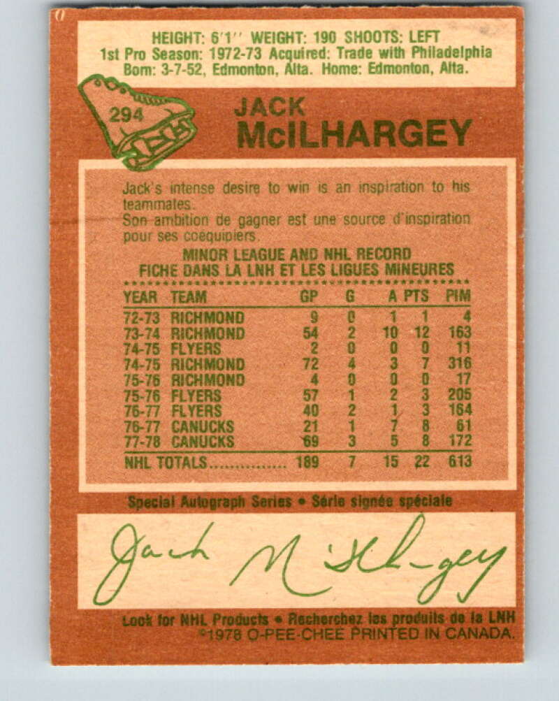 1978-79 O-Pee-Chee #294 Jack McIlhargey RC Rookie Canucks V25010