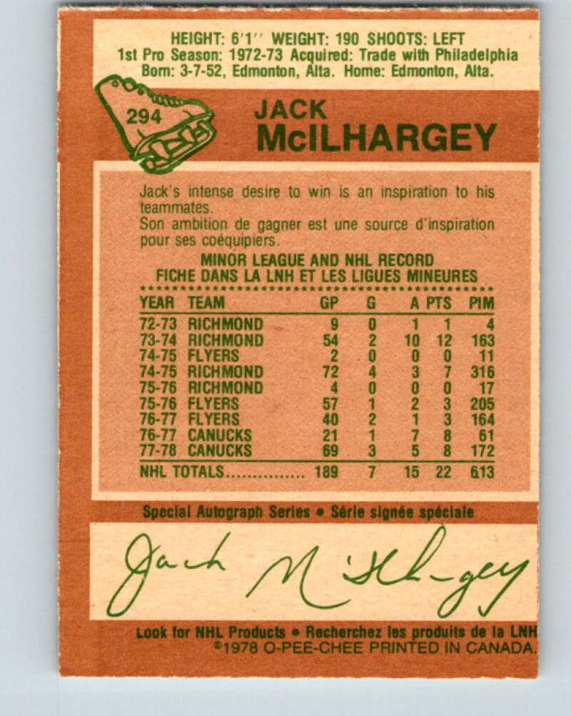 1978-79 O-Pee-Chee #294 Jack McIlhargey RC Rookie Canucks V25011