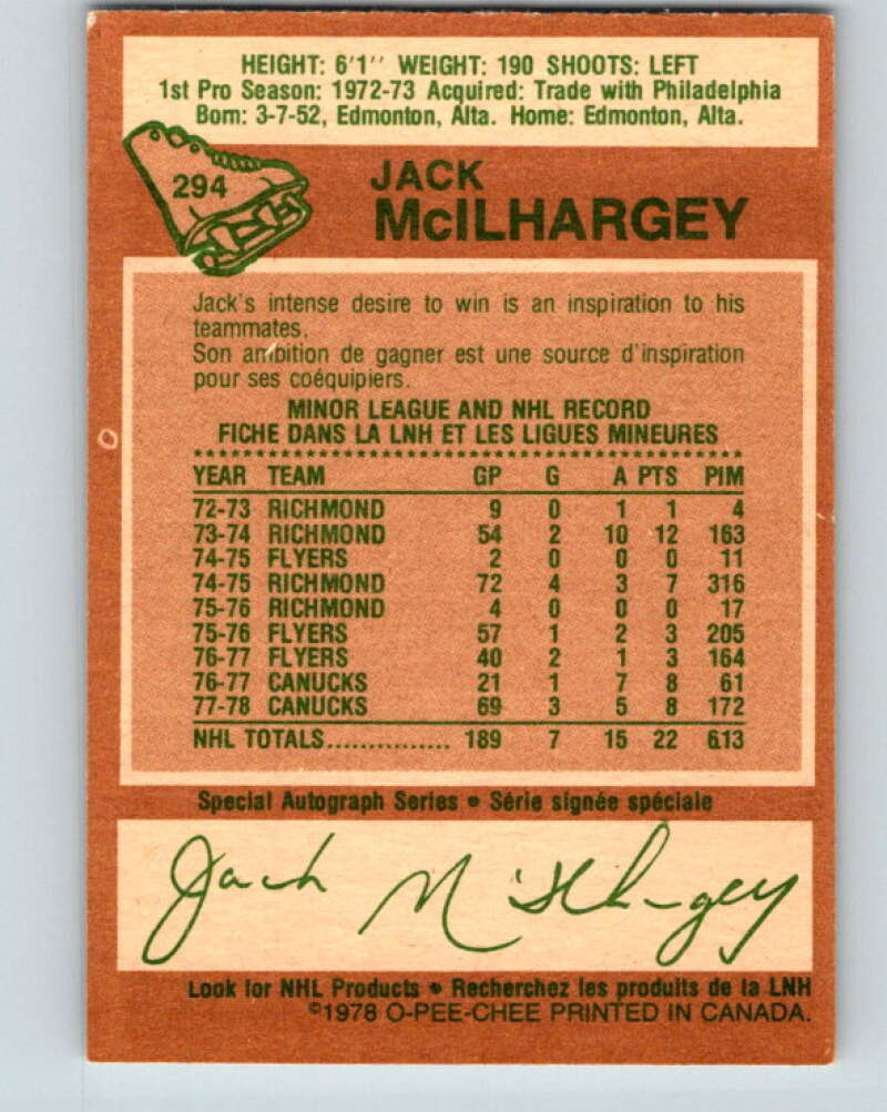1978-79 O-Pee-Chee #294 Jack McIlhargey RC Rookie Canucks V25012