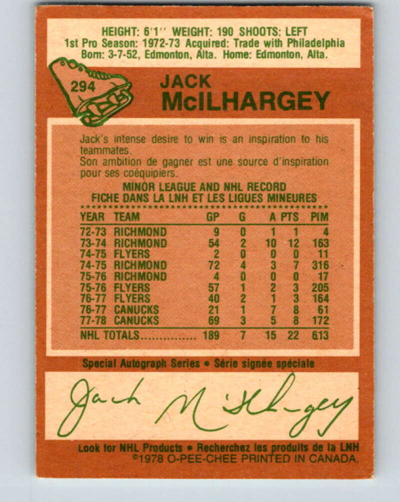 1978-79 O-Pee-Chee #294 Jack McIlhargey RC Rookie Canucks V25013