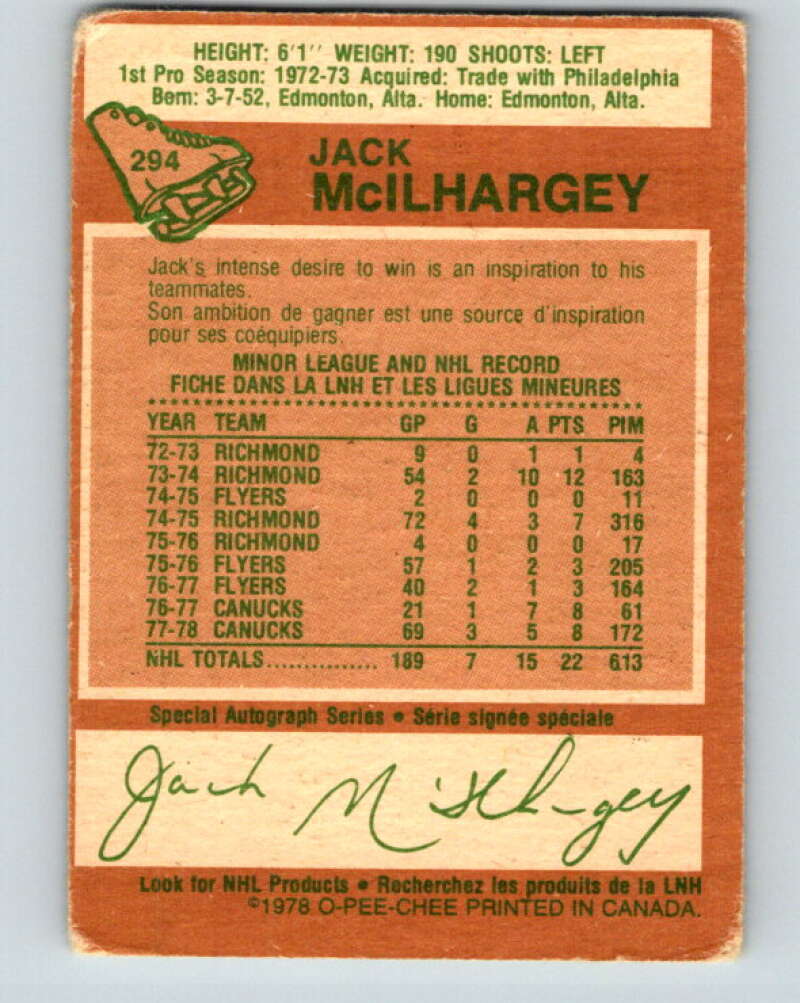 1978-79 O-Pee-Chee #294 Jack McIlhargey RC Rookie Canucks V25014