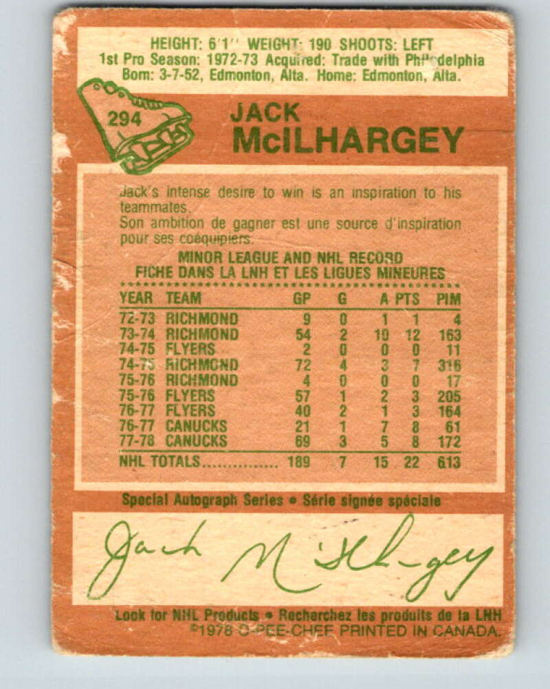 1978-79 O-Pee-Chee #294 Jack McIlhargey RC Rookie Canucks V25015