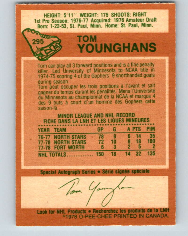 1978-79 O-Pee-Chee #295 Tom Younghans RC Rookie North Stars V25016