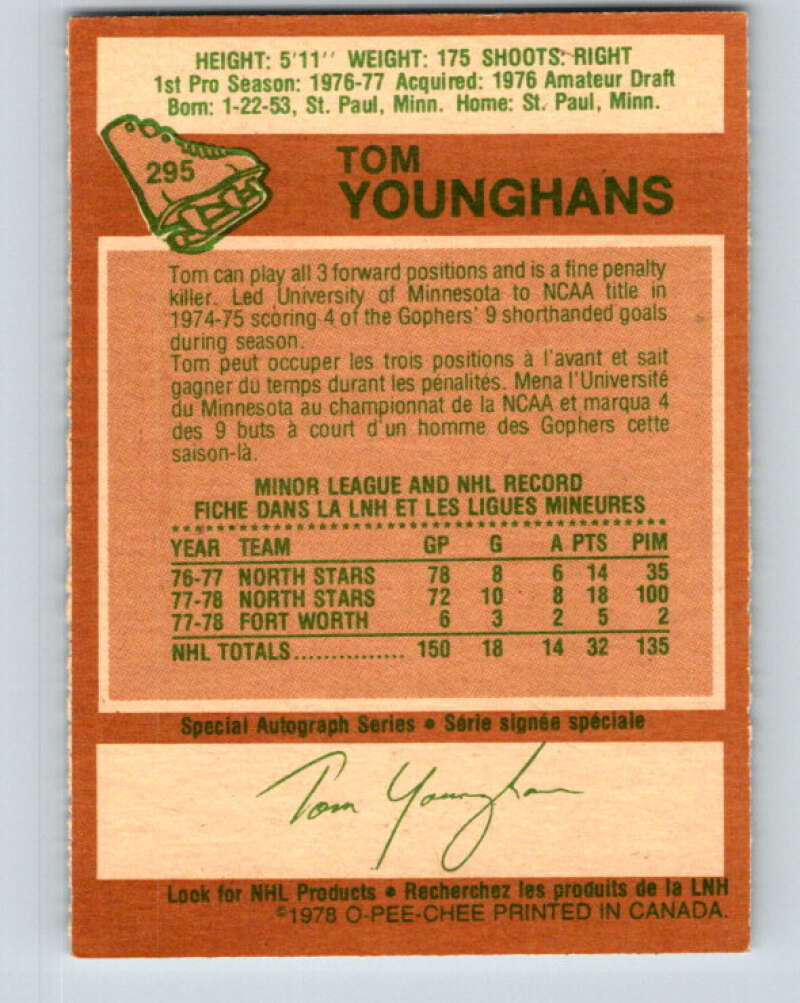 1978-79 O-Pee-Chee #295 Tom Younghans RC Rookie North Stars V25020