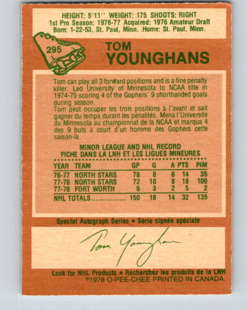 1978-79 O-Pee-Chee #295 Tom Younghans RC Rookie North Stars V25022