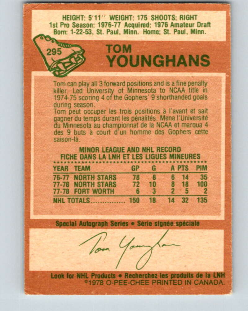 1978-79 O-Pee-Chee #295 Tom Younghans RC Rookie North Stars V25023