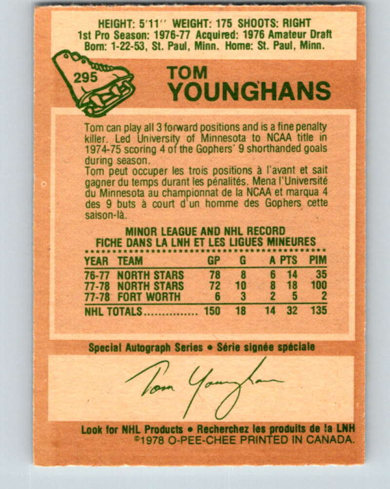 1978-79 O-Pee-Chee #295 Tom Younghans RC Rookie North Stars V25024